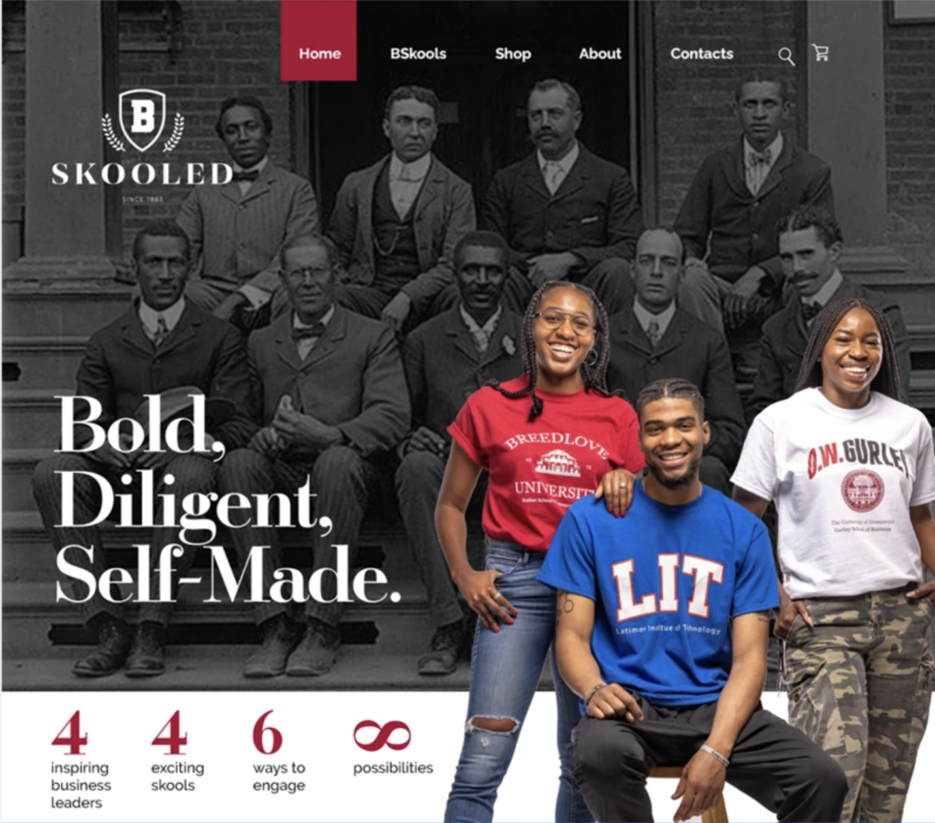 BeSkooled website homepage designed by Sur-Ryl Marketing, with three young people in BREEDLOVE University, LIT, and O.W. Gurley apparel against a historic photo of Black business leaders, under the headline "Bold, Diligent, Self-Made."