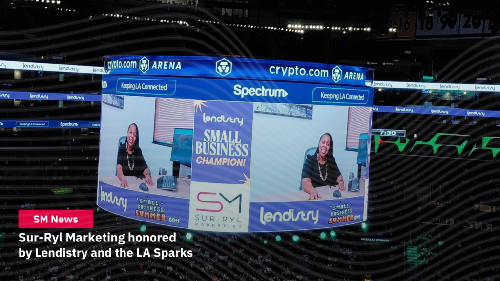 Sur-Ryl Marketing founder Sequoia Houston featured on the Crypto.com Arena screen as a Lendistry Small Business Summer honoree.