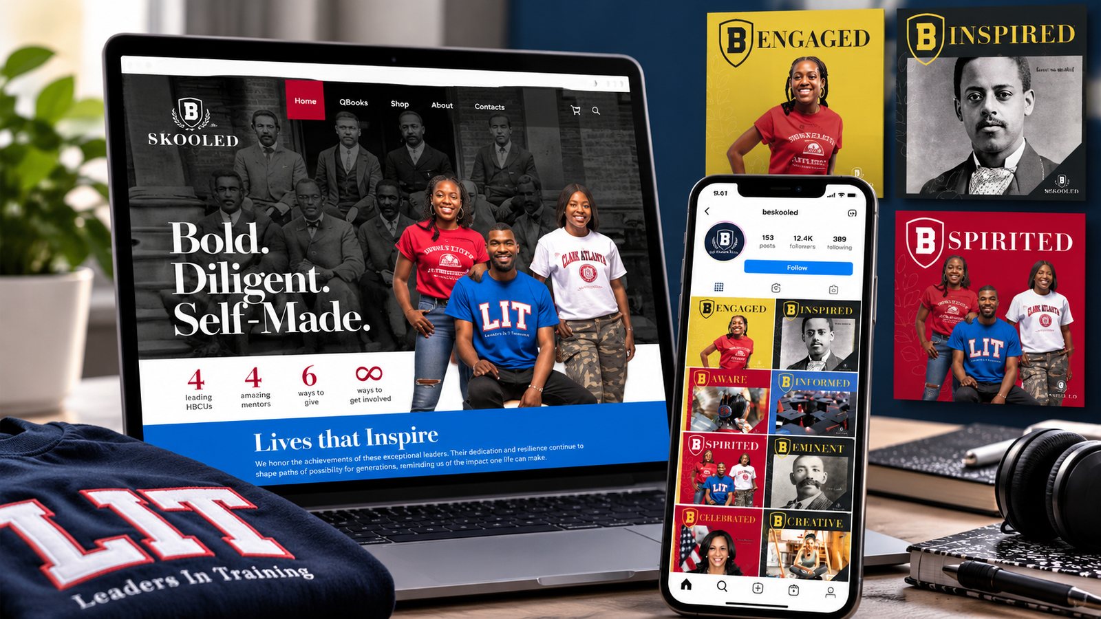 BeSkooled website, social posts, and LIT apparel from the brand launch
