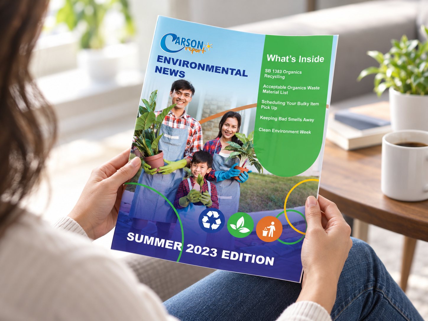 A resident reading the City of Carson Environmental News, Summer 2023 edition