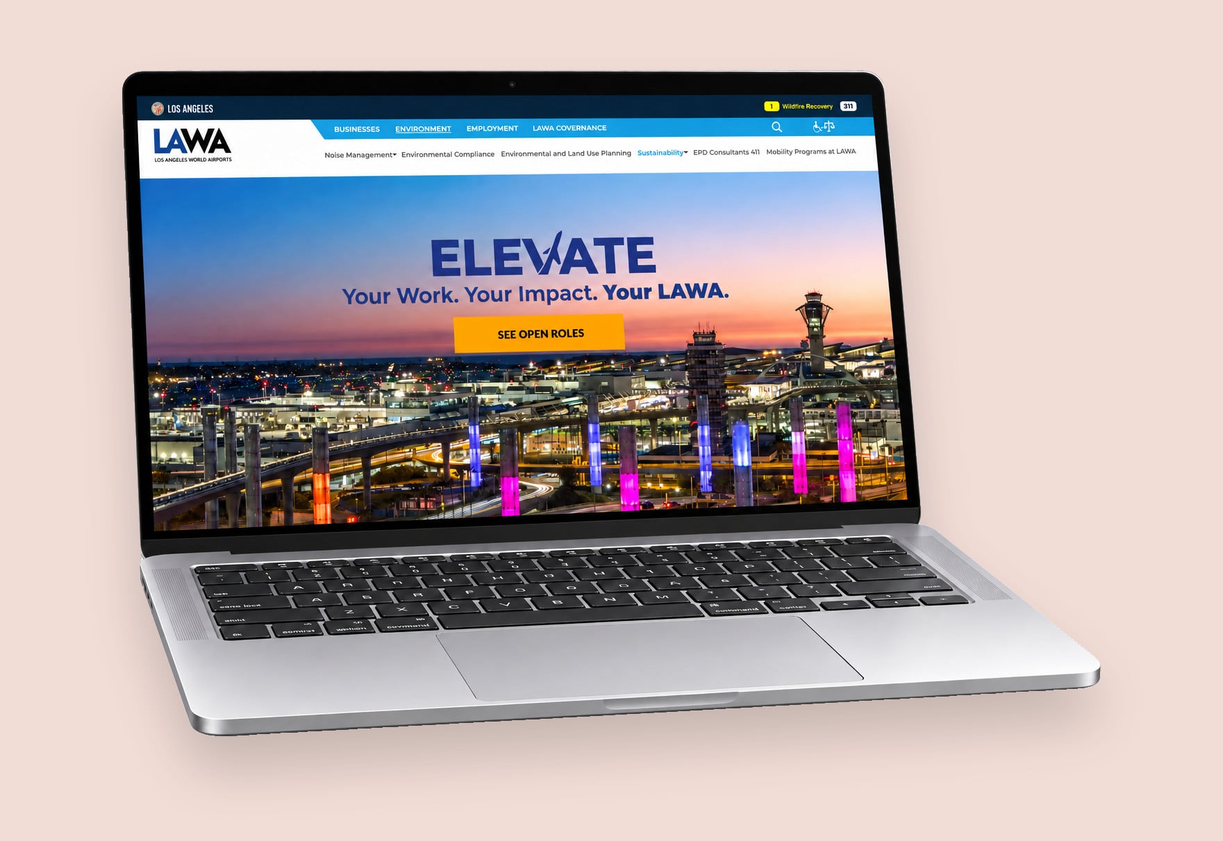 The LAWA careers site featuring the Elevate employer brand, shown on a laptop