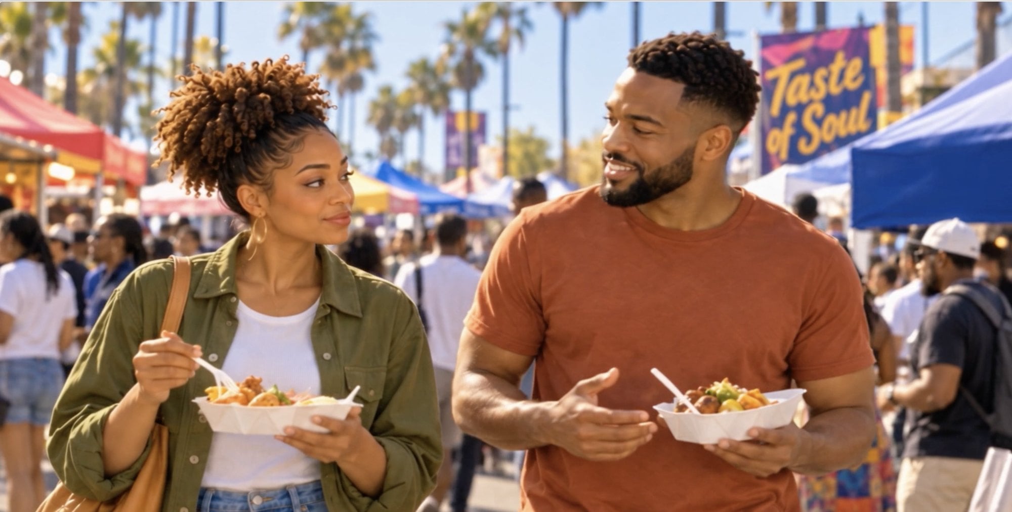 A smiling man and woman walking through an outdoor street festival while holding containers of food.