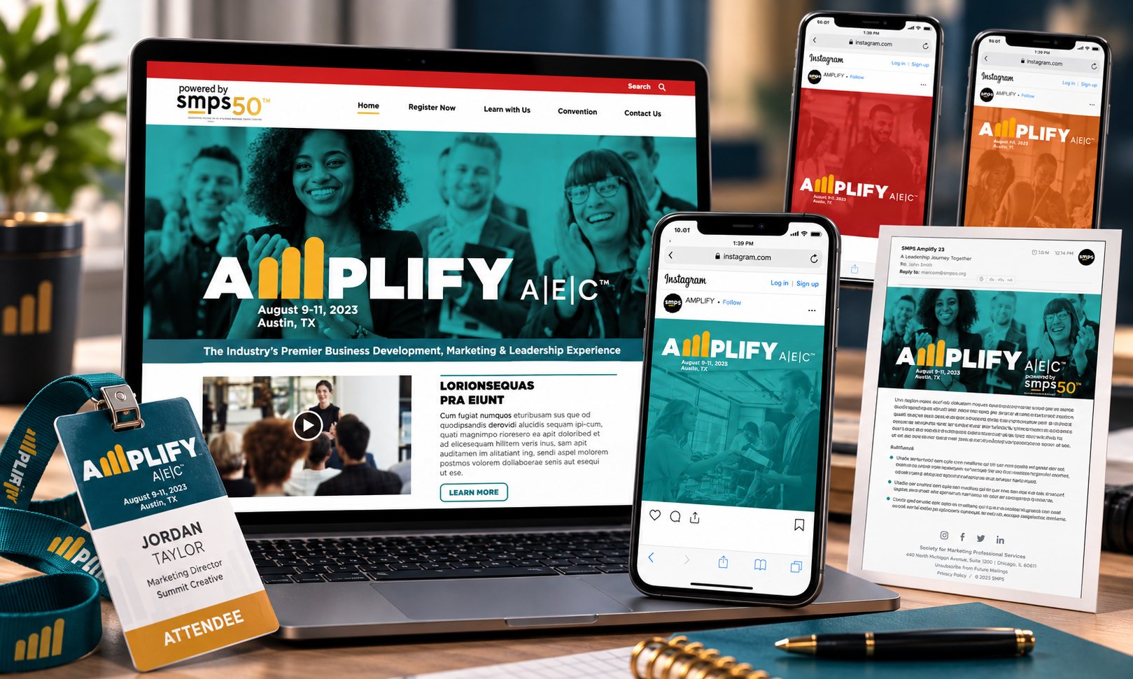 The AMPLIFY A/E/C conference brand across the website and social posts