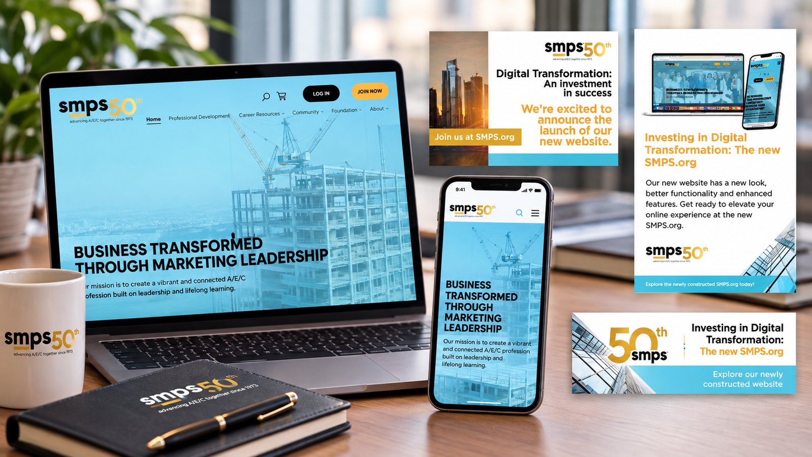The redesigned smps.org on a laptop and phone, with the launch ads and SMPS 50th anniversary branding