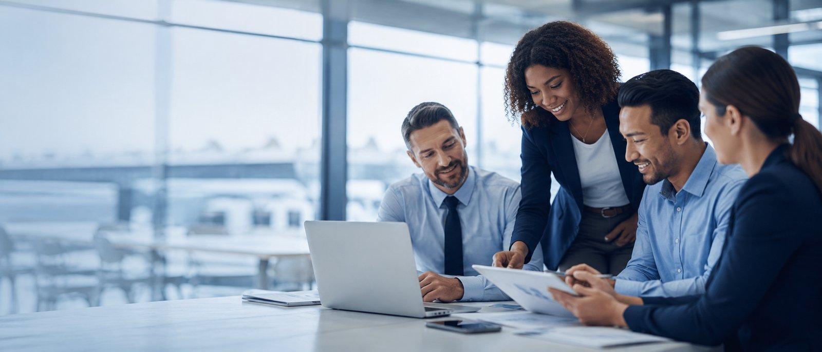 A small team reviews work together on a laptop
